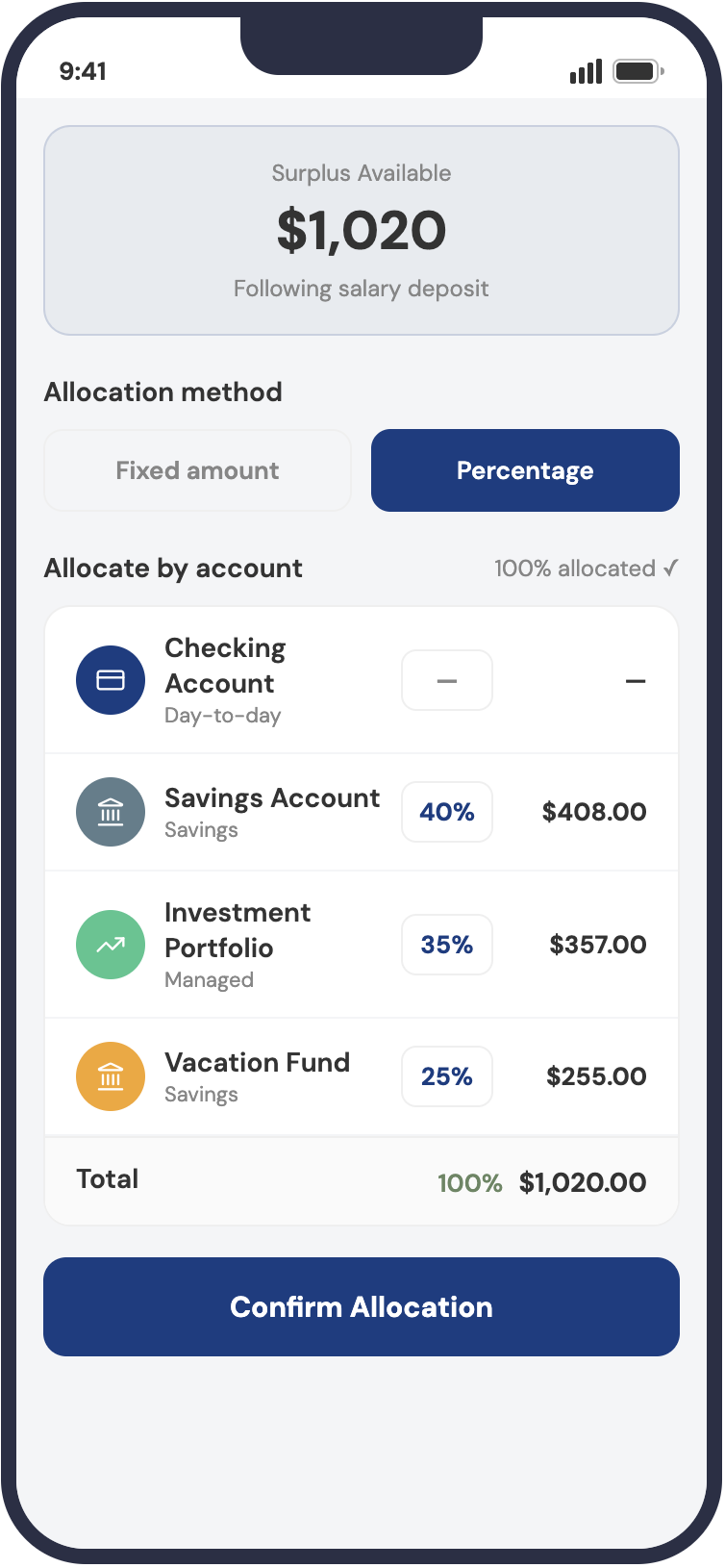Allocation interface showing surplus distribution across accounts